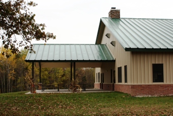 End of the dining hall with outside seating area