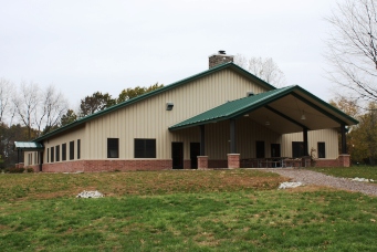 End of the dining hall with outside seating area