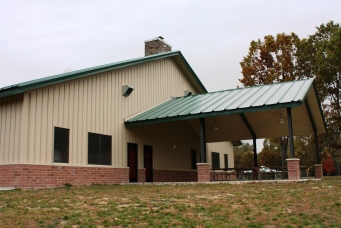 End of the dining hall with outside seating area